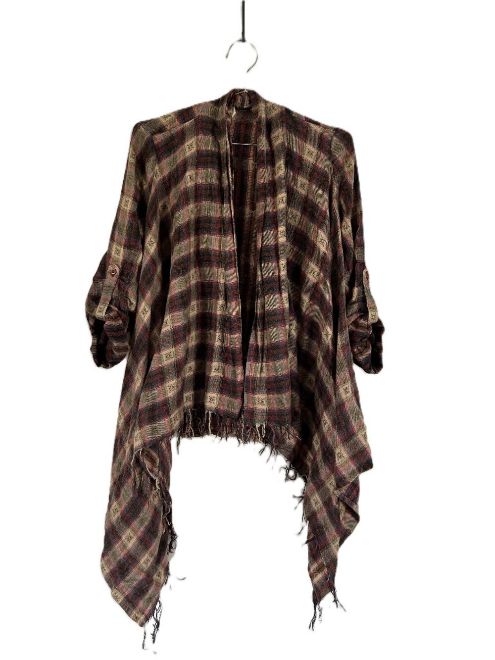 En Creme Plaid Flannel Fringe Cardigan Shirt S